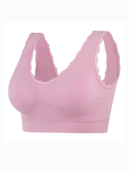 

Breathable Comfortable High Elastic Lace V Neck Sports Bra & Bralette, Pink, Crop Bras