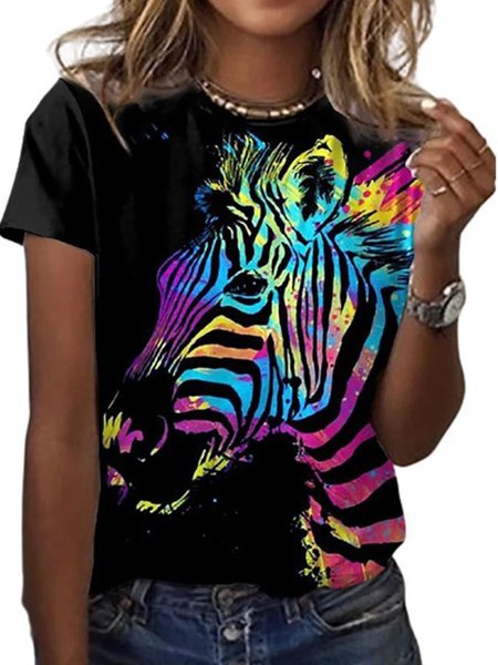 

Women's Casual Colorful Zebra Pattern Round Neck Short Sleeve T-Shirt Daily Commuting Clothing, Black, T-Shirts