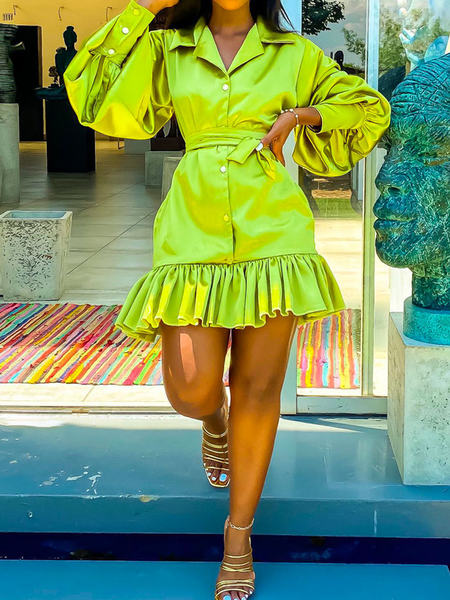 

Elegant Regular Fit Shirt Collar Long sleeve Dress With Belt, Green, Mini Dresses