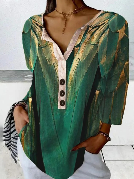

Gradient Pattern Casual V Neck Loose Shirt, Green, Shirts & Blouses