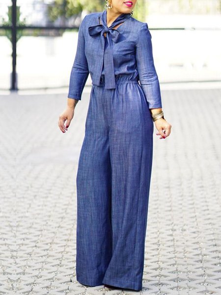 

Urban Bow Regular Fit Plain Faux Denim Jumpsuit, Blue, Jumpsuits