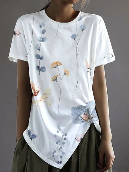 

Crew Neck Casual Loose Floral T-Shirt, White, T-Shirts