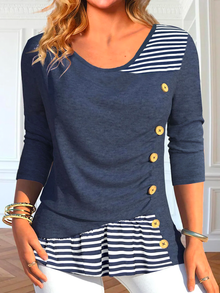 

Plus size Crew Neck Striped Casual Shirt, Purplish blue, Shirts & Blouses