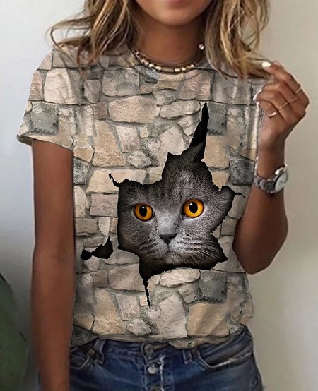 

Casual Cat Pattern Regular Pullover Round Neck Short Sleeve T-Shirt Daily Ladies Clothing, Yellow, T-Shirts