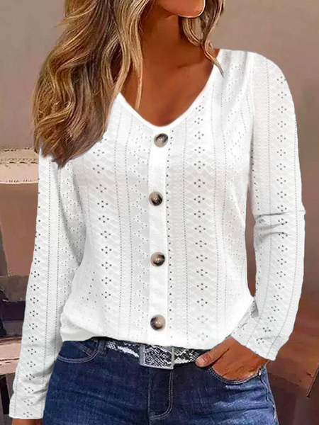 

Plus size V Neck Buttoned Plain Casual Shirt, White, Long Sleeves