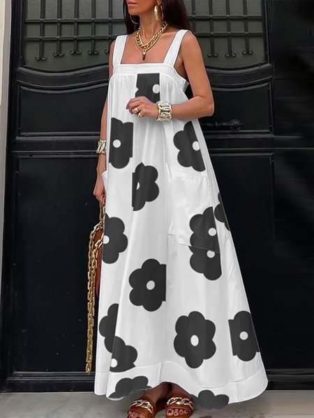 

Loose Vacation Square Neck Floral Print Dress, White, Maxi Dresses