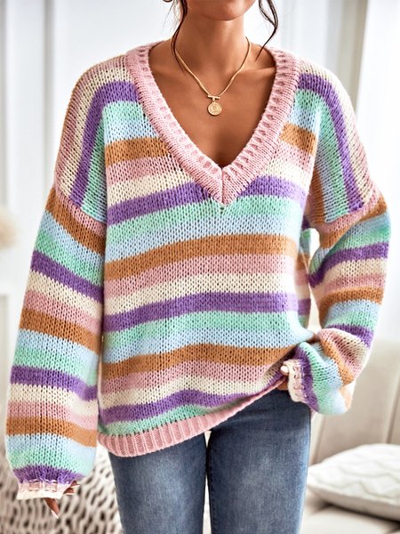 

Ombre V Neck Casual Loose Sweater, Blue, Sweaters