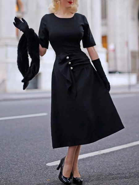 

Elegant Plain Crew Neck Buttoned Dress, Black, Midi Dresses