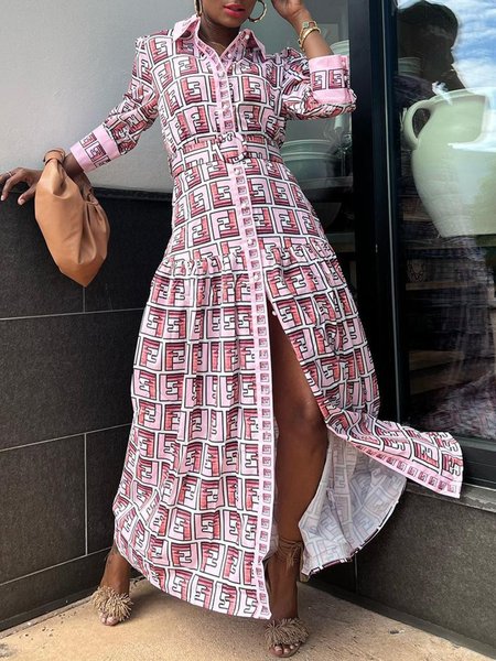 

Long sleeve Geometric Urban Regular Fit Dress With Belt, Pink, Maxi Dresses