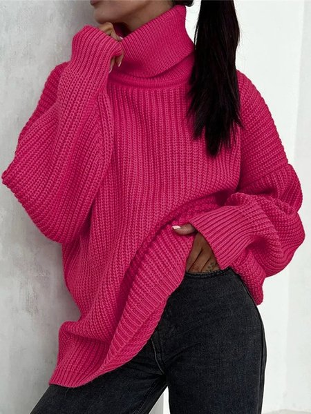 

Loose Turtleneck Casual Sweater, Deep pink, Sweaters
