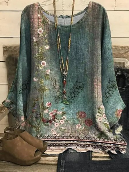 

Casual Crew Neck Loose Floral Shirt, Green, Shirts & Blouses