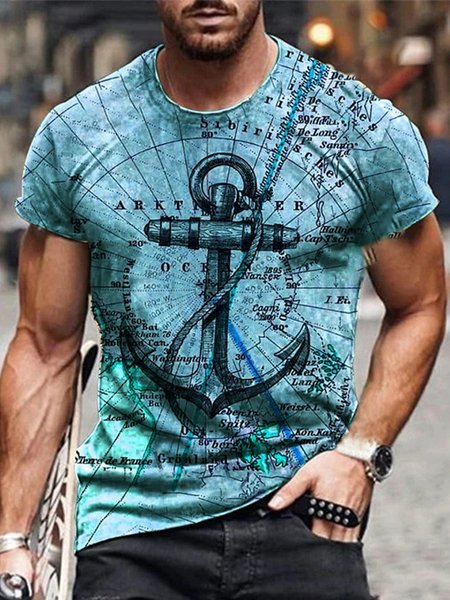

Men's Street Casual Anchor Graphic Round Neck Short Sleeve T-Shirt Everyday Clothing, Blue, T-Shirts