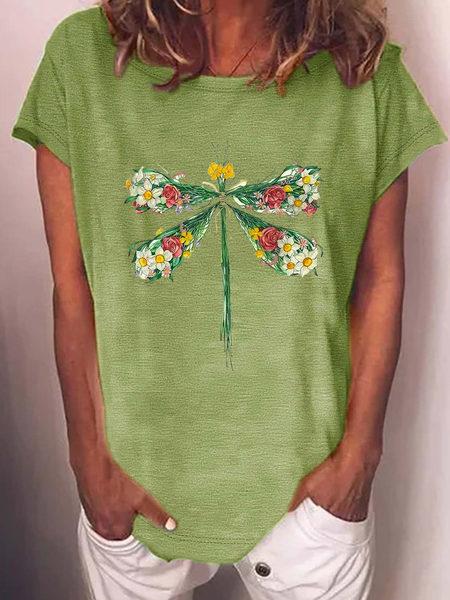 

Women's Floral Dragonfly Casual Crew Neck T-Shirt, Green, T-shirts