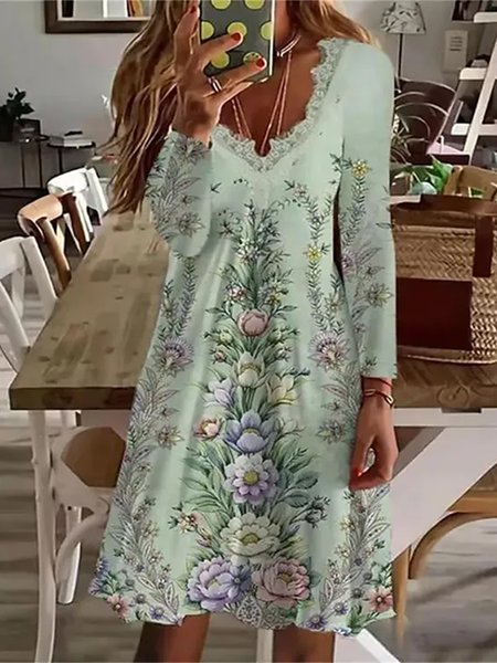 

Loose Casual Lace V Neck Floral Dress, Green, Dresses