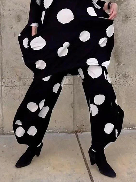 

High Elasticity Polka Dots Casual Loose Fashion Long Pants Straight pants, Black, Pants