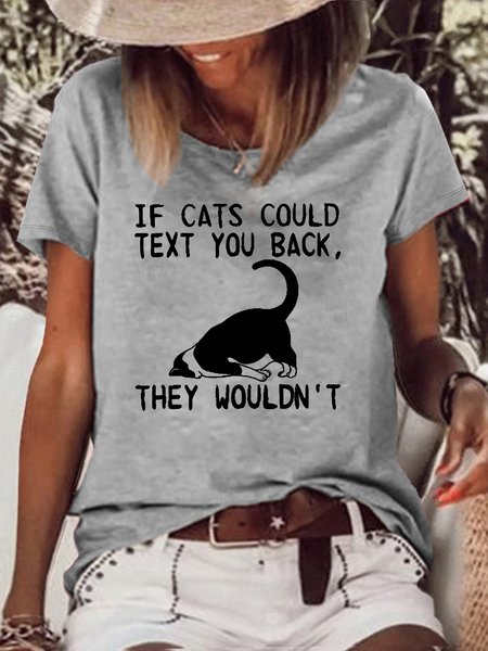 

Women's Funny Cat Casual Crew Neck Letters T-Shirt, Gray, T-shirts