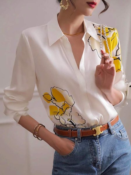 

Regular Fit Floral Shirt Collar Elegant Blouse, White, Blouses and Shirts