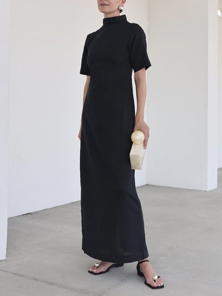 

Short sleeve Stand Collar Regular Fit Elegant Dress, Black, Maxi Dresses