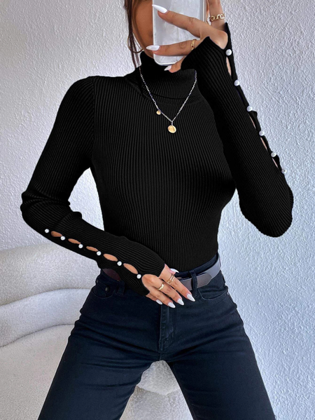 

Regular Fit Plain Yarn/Wool Yarn Casual Sweater, Black, Pullovers