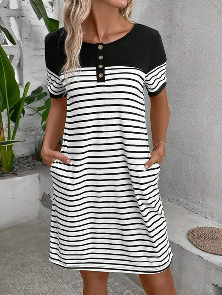 

Loose Casual Knitted Striped Dress, Black, Dresses