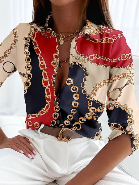

Casual Shirt Collar Geometric Blouse, Black-red, Shirts & Blouses