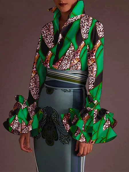 

Shirt Collar Regular Fit Urban Abstract Blouse, Green, Blouses and Shirts