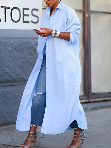 

Shirt Collar Urban Plain Midi Dress With No Belt, Blue, Maxi Dresses