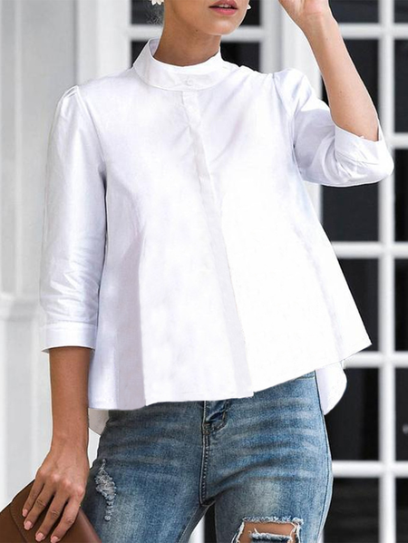 

Plus Size Stand Collar Plain Urban Blouse, White, Plus Tops