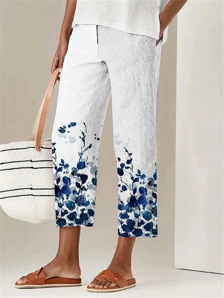 

Casual Floral Loose Pants, Blue, Pants