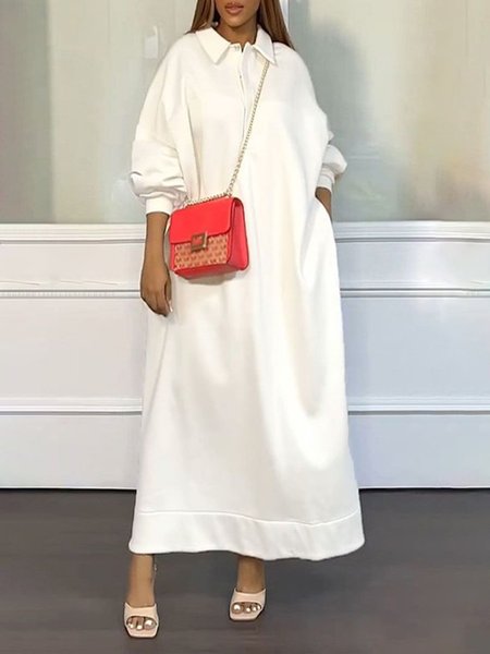 

Long sleeve Plain Loose Casual Polo Collar Dress, Off white, Maxi Dresses