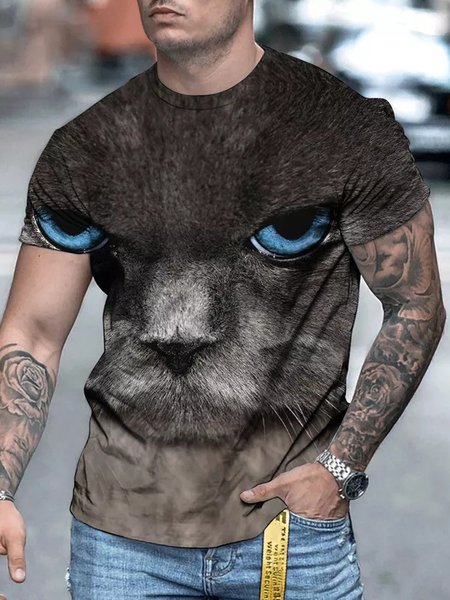 

Men's Casual Cat Graphic Round Neck Stretch Fit Short Sleeve T-Shirt, Color3, T-Shirts