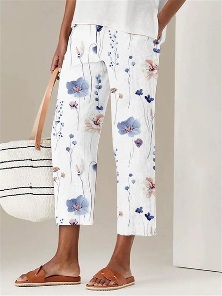 

Loose Casual Floral Pants, White, Pants