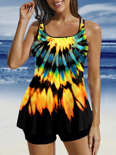 

Casual Abstract Printing Scoop Neck Swim Dress, Black, swimwear>>Tankinis