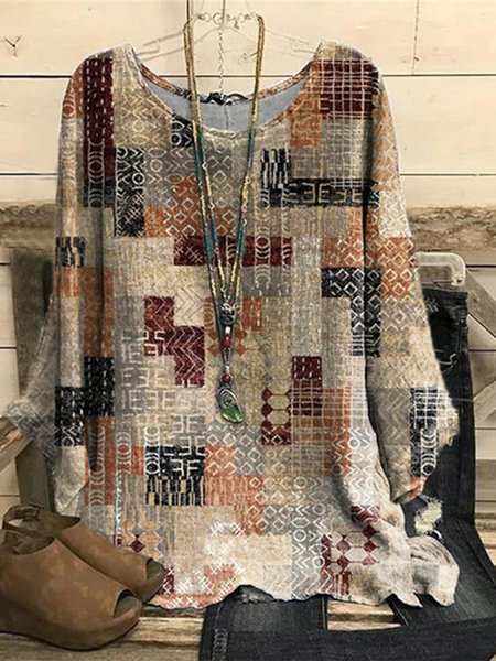 

Casual Crew Neck Ethnic Shirt, Khaki, Shirts & Blouses