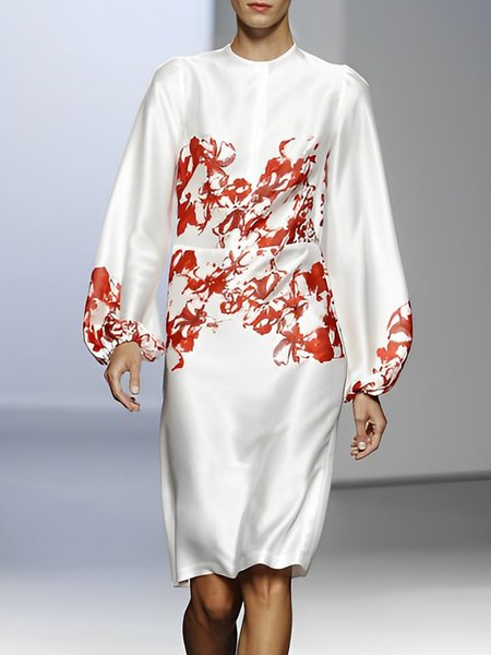 

Long sleeve Elegant Regular Fit Crew Neck Dress, Off white, Midi Dresses