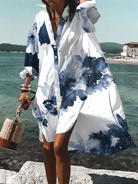

Vacation Shirt Collar Floral Dress, White-blue, Midi Dresses