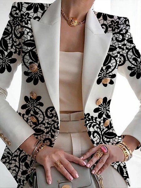 

Regular Fit Floral Print Urban Lapel Collar Buttoned Blazer, White, Blazers