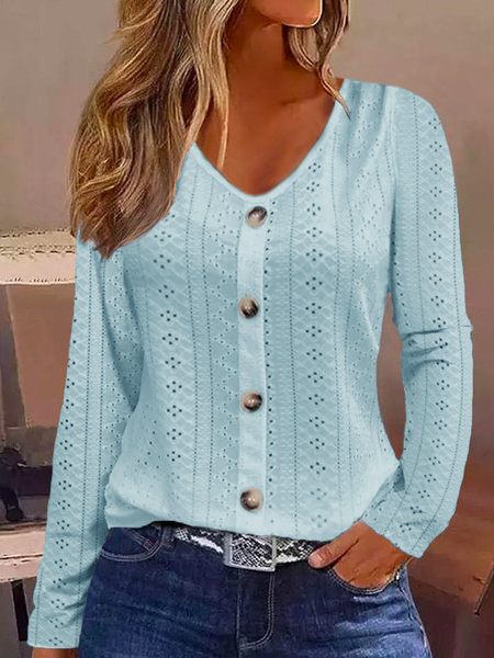 

Buttoned Plain Casual Eyelet Embroidery Shirt, Blue, Shirts & Blouses