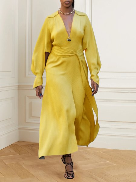 

Plain V Neck Regular Fit Elegant Dress With Belt, Yellow, Maxi Dresses