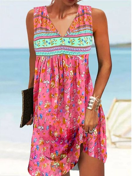 

Loose V Neck Casual Floral Dress With No Belt, Red, Dresses