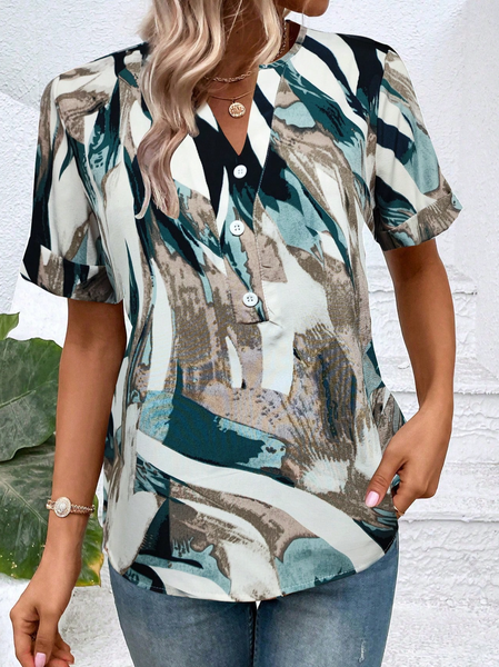 

V Neck Abstract Casual Shirt, Green, Shirts & Blouses