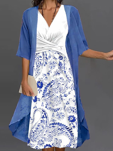 

V Neck Paisley Loose Casual Two-Piece Set, Blue, Suit Set