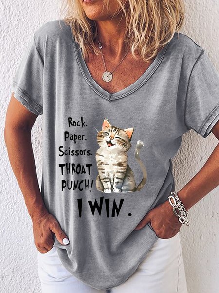 

Women's Casual Rock Paper Scissors Throat Punch I Win Cat Lover Letters T-Shirt, Gray, T-shirts