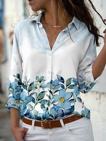 

Casual Shirt Collar Loose Floral Blouse, Blue, Shirts & Blouses