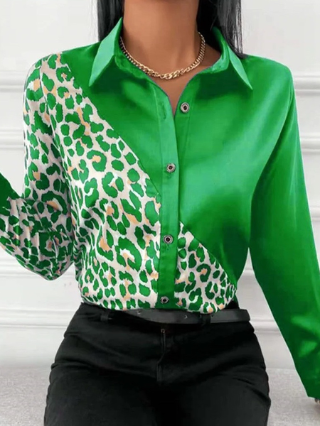 

Regular Fit Urban Leopard Shirt Collar Long sleeve Blouse, Green, Blouses and Shirts