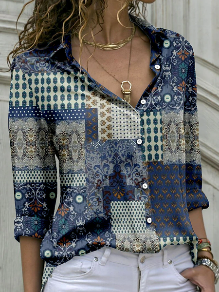 

Casual Ethnic Loose Shirt Collar Blouse, Blue, Shirts & Blouses