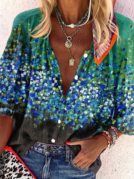 

Casual Floral Loose V Neck Blouse, Green, Shirts & Blouses
