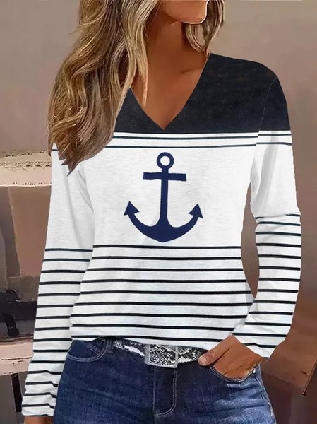 

Loose Striped Anchor Casual V Neck T-Shirt, Blue, Long sleeves