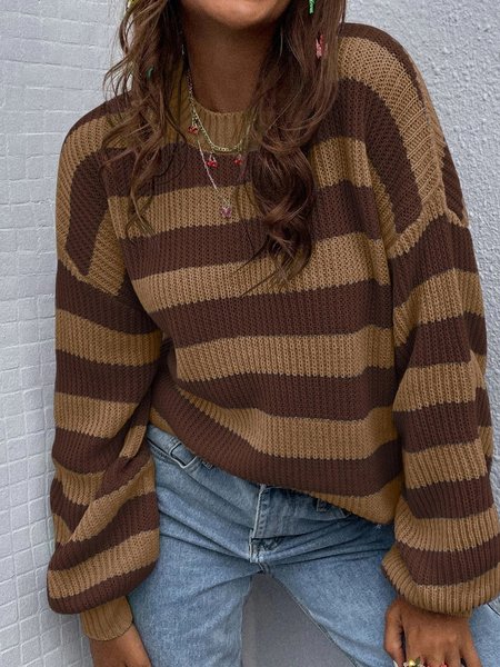 

Casual Striped Loose Yarn/Wool Yarn Sweater, Brown, Pullovers
