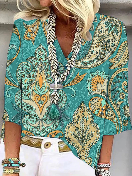 

Casual Paisley V Neck Loose Shirt, Green, Shirts & Blouses